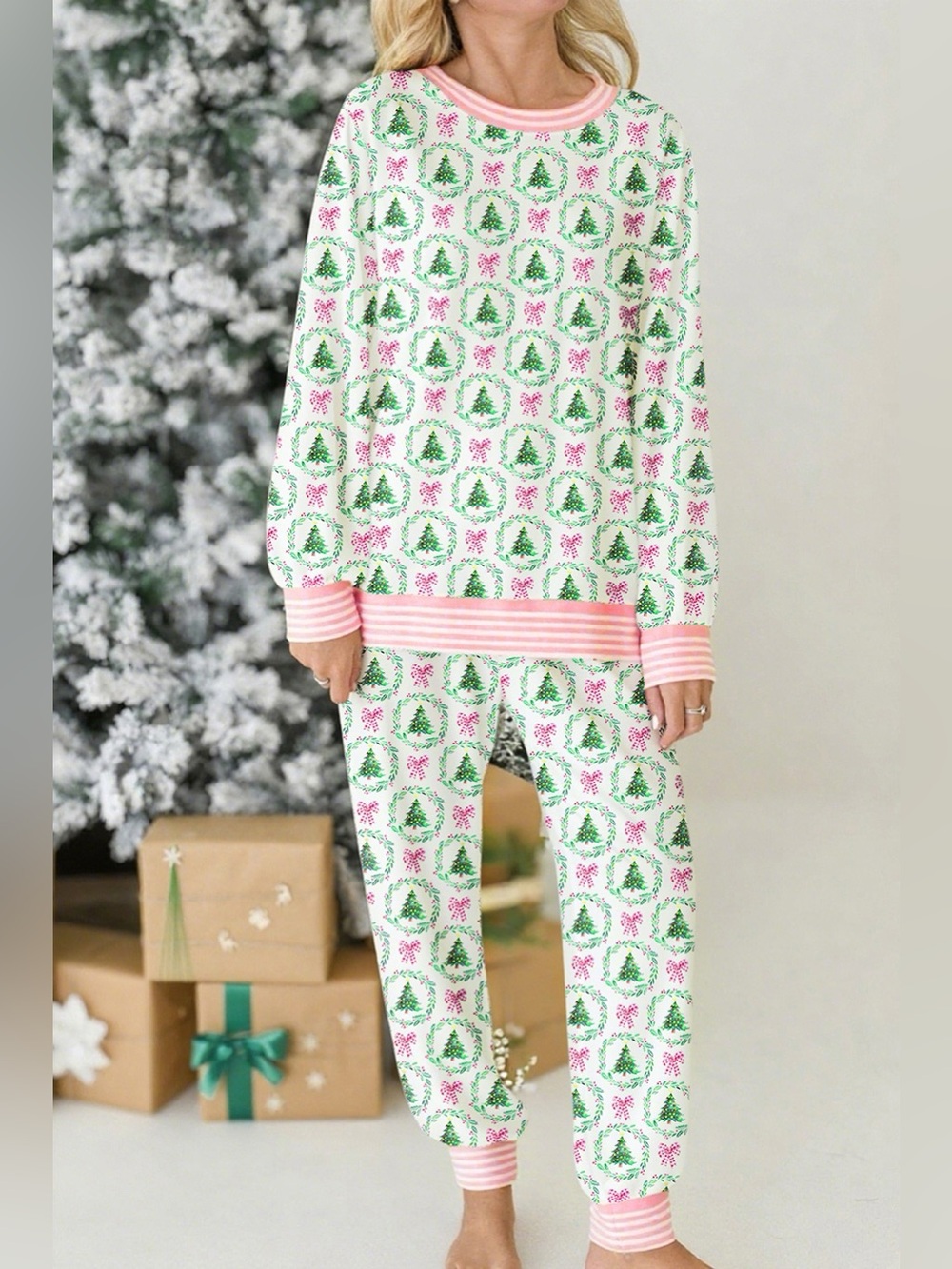 Christmas Tree Print Contrast Striped Banding 2pcs Lounge Set